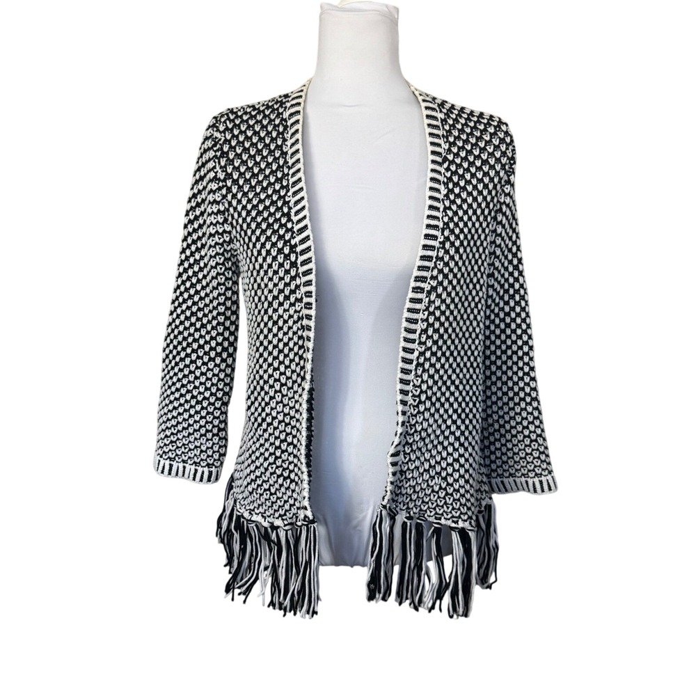 Chicos Women's Cardigan Sweater Black White‎ Knit Fringe Open Front Size 1 (M)